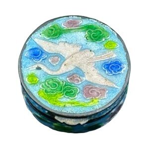 Chinese antique enamel miniature pill box with Crane Design 1”